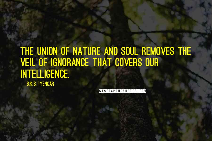 B.K.S. Iyengar Quotes: The union of nature and soul removes the veil of ignorance that covers our intelligence.