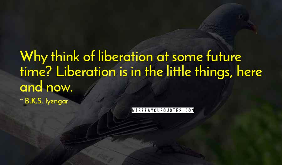 B.K.S. Iyengar Quotes: Why think of liberation at some future time? Liberation is in the little things, here and now.