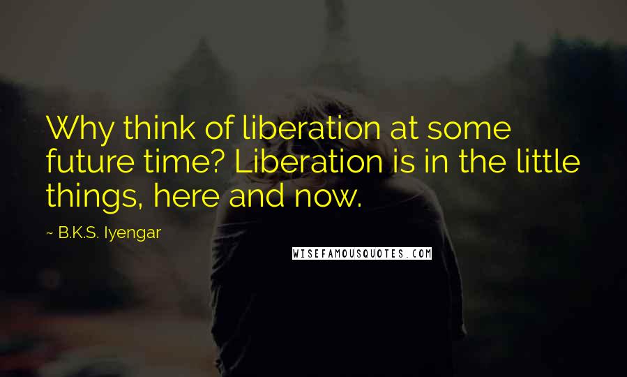 B.K.S. Iyengar Quotes: Why think of liberation at some future time? Liberation is in the little things, here and now.
