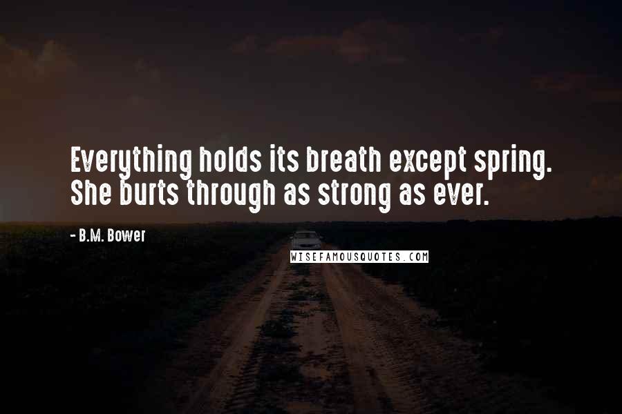 B.M. Bower Quotes: Everything holds its breath except spring. She burts through as strong as ever.