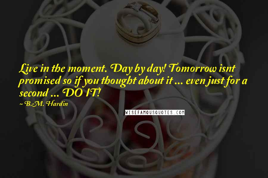 B.M. Hardin Quotes: Live in the moment. Day by day! Tomorrow isnt promised so if you thought about it ... even just for a second ... DO IT!