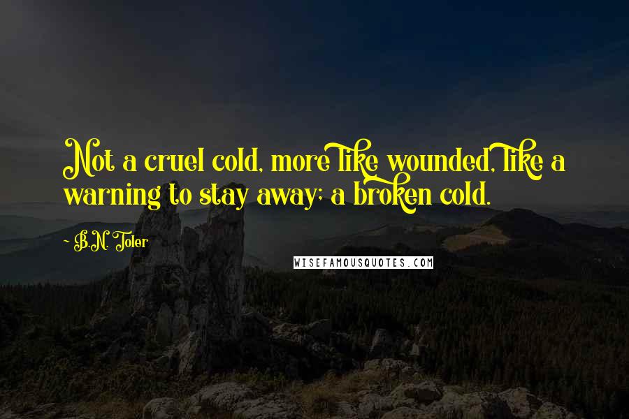 B.N. Toler Quotes: Not a cruel cold, more like wounded, like a warning to stay away; a broken cold.