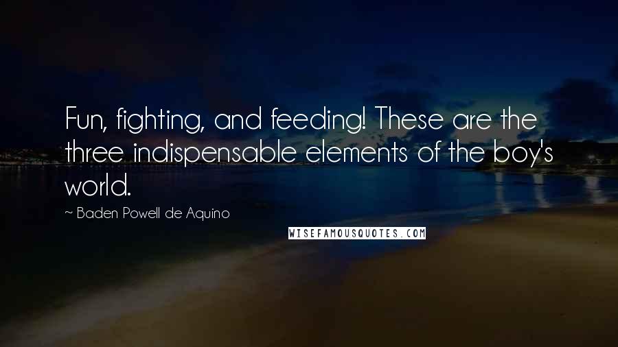 Baden Powell De Aquino Quotes: Fun, fighting, and feeding! These are the three indispensable elements of the boy's world.