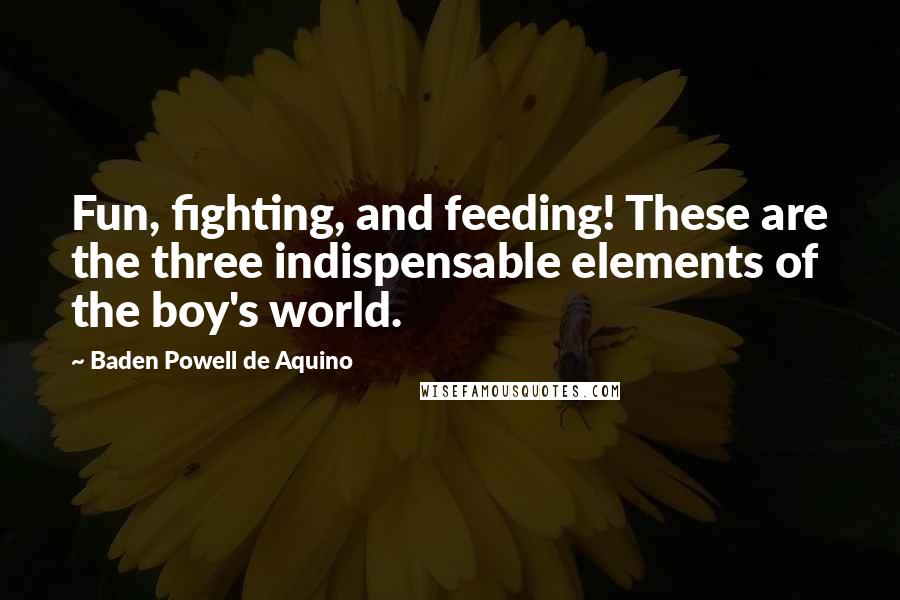 Baden Powell De Aquino Quotes: Fun, fighting, and feeding! These are the three indispensable elements of the boy's world.