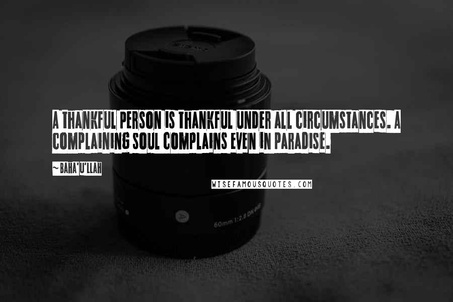 Baha'u'llah Quotes: A thankful person is thankful under all circumstances. A complaining soul complains even in paradise.