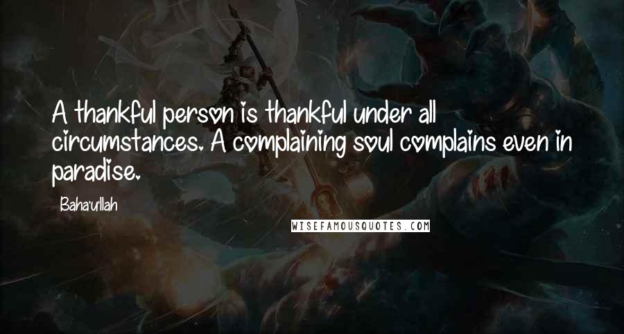 Baha'u'llah Quotes: A thankful person is thankful under all circumstances. A complaining soul complains even in paradise.