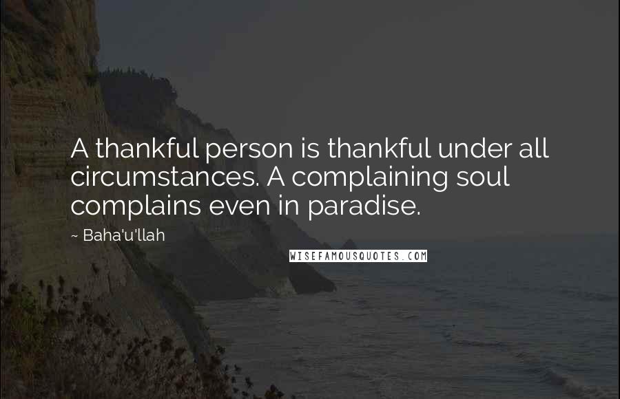 Baha'u'llah Quotes: A thankful person is thankful under all circumstances. A complaining soul complains even in paradise.