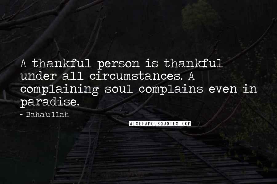 Baha'u'llah Quotes: A thankful person is thankful under all circumstances. A complaining soul complains even in paradise.