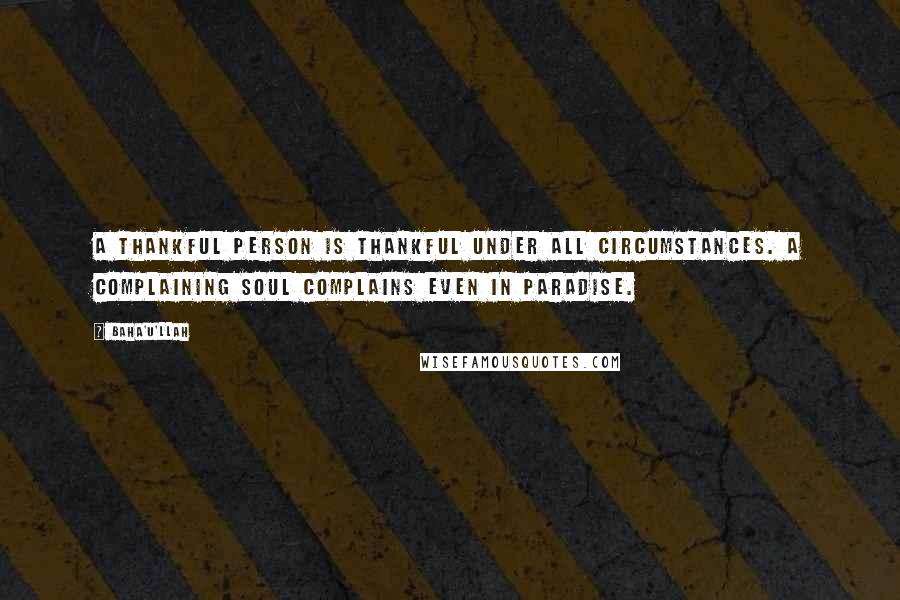 Baha'u'llah Quotes: A thankful person is thankful under all circumstances. A complaining soul complains even in paradise.