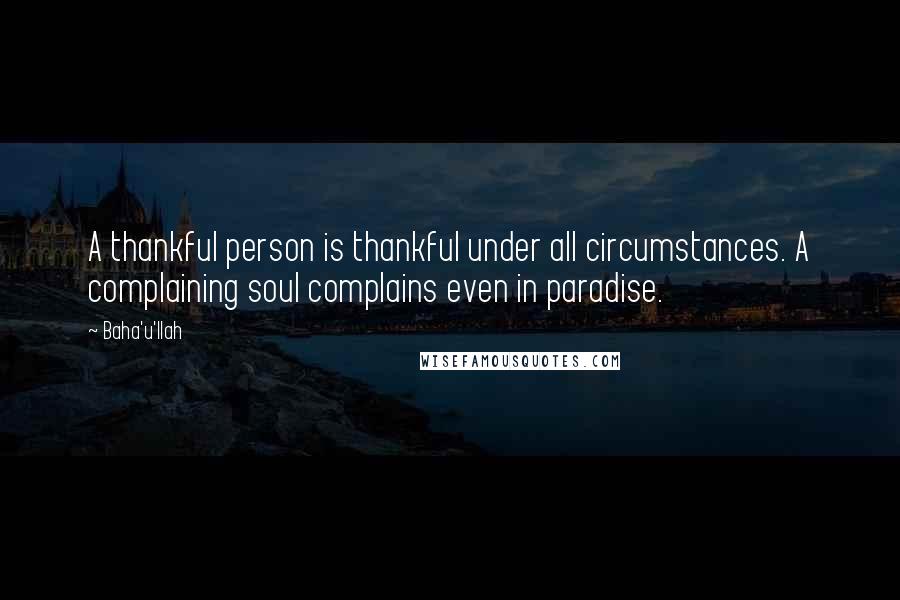 Baha'u'llah Quotes: A thankful person is thankful under all circumstances. A complaining soul complains even in paradise.