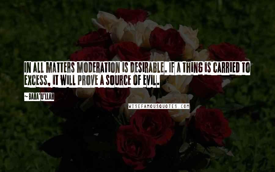 Baha'u'llah Quotes: In all matters moderation is desirable. If a thing is carried to excess, it will prove a source of evil.