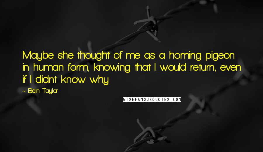 Bain Taylor Quotes: Maybe she thought of me as a homing pigeon in human form, knowing that I would return, even if I didn't know why.