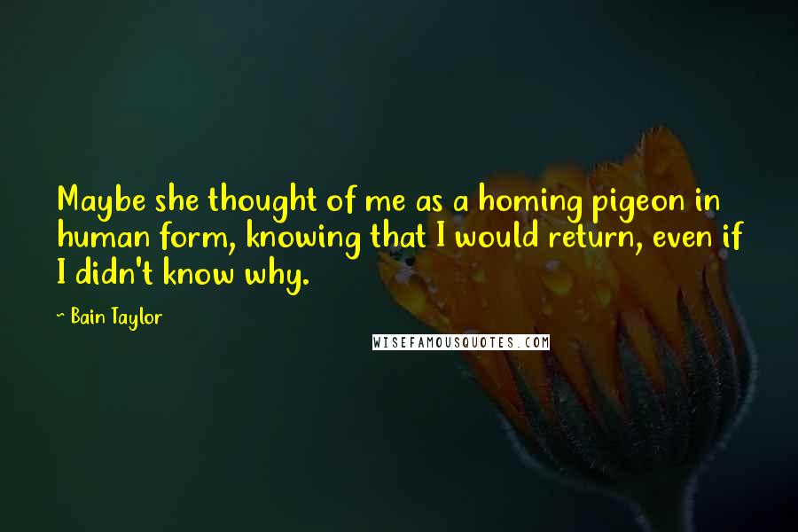 Bain Taylor Quotes: Maybe she thought of me as a homing pigeon in human form, knowing that I would return, even if I didn't know why.