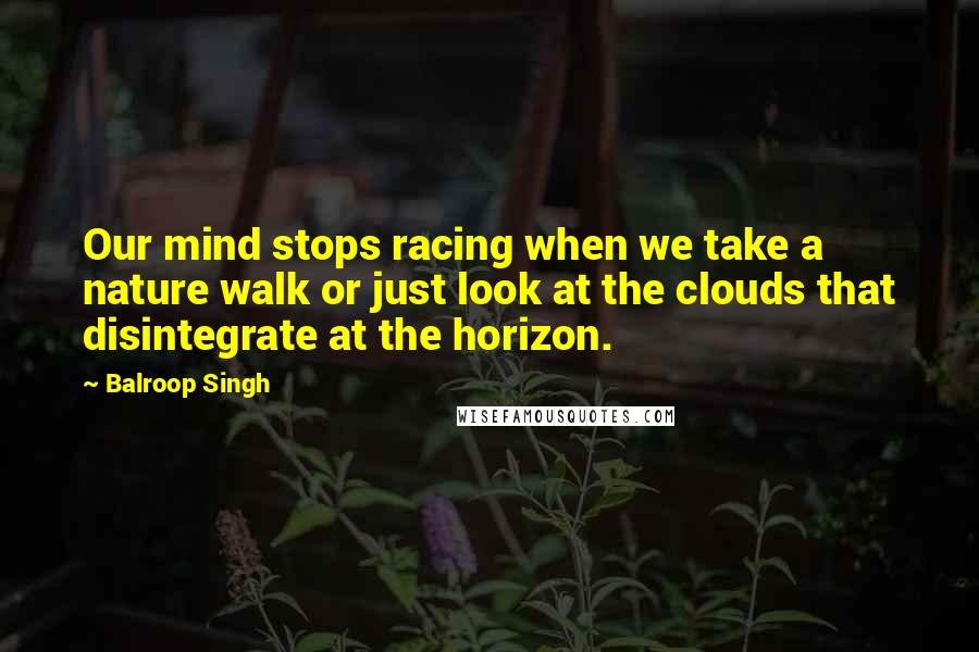 Balroop Singh Quotes: Our mind stops racing when we take a nature walk or just look at the clouds that disintegrate at the horizon.