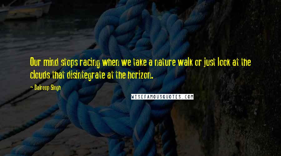 Balroop Singh Quotes: Our mind stops racing when we take a nature walk or just look at the clouds that disintegrate at the horizon.