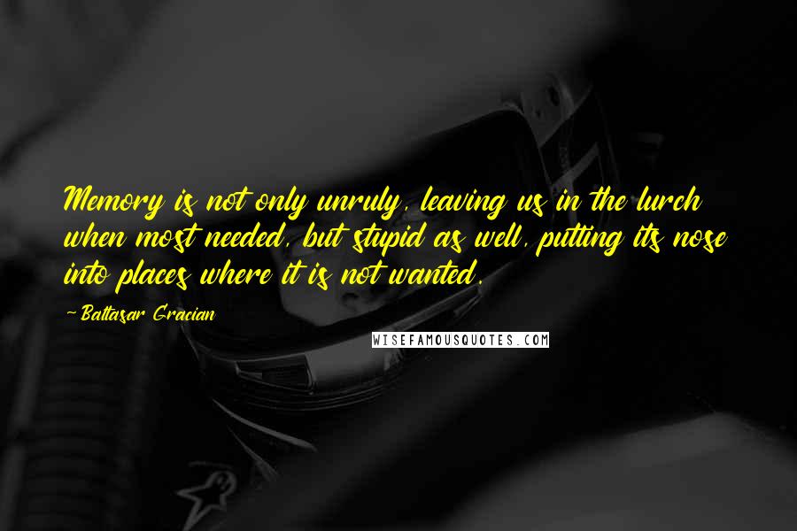 Baltasar Gracian Quotes: Memory is not only unruly, leaving us in the lurch when most needed, but stupid as well, putting its nose into places where it is not wanted.