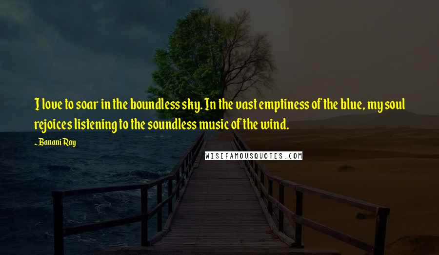 Banani Ray Quotes: I love to soar in the boundless sky. In the vast emptiness of the blue, my soul rejoices listening to the soundless music of the wind.