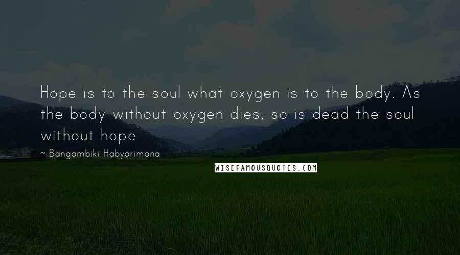Bangambiki Habyarimana Quotes: Hope is to the soul what oxygen is to the body. As the body without oxygen dies, so is dead the soul without hope