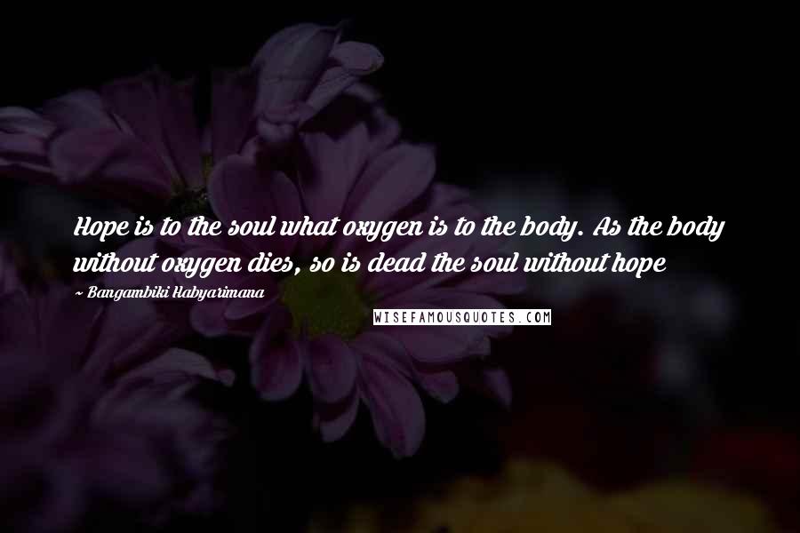 Bangambiki Habyarimana Quotes: Hope is to the soul what oxygen is to the body. As the body without oxygen dies, so is dead the soul without hope