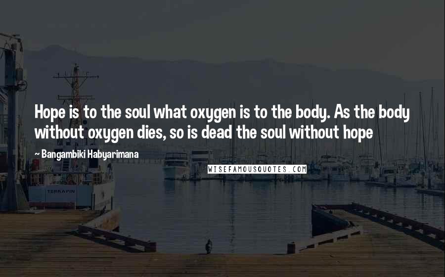 Bangambiki Habyarimana Quotes: Hope is to the soul what oxygen is to the body. As the body without oxygen dies, so is dead the soul without hope