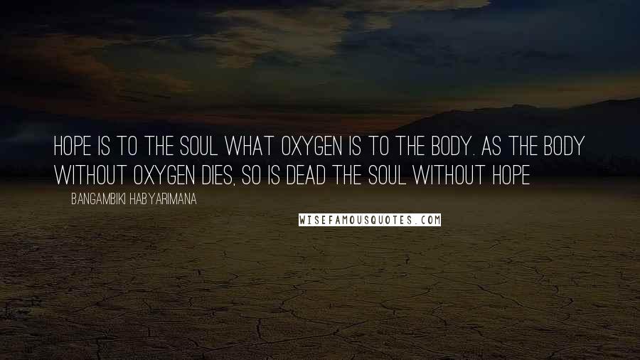 Bangambiki Habyarimana Quotes: Hope is to the soul what oxygen is to the body. As the body without oxygen dies, so is dead the soul without hope