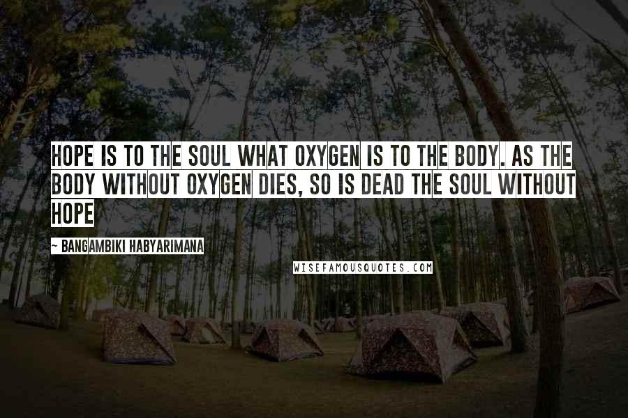 Bangambiki Habyarimana Quotes: Hope is to the soul what oxygen is to the body. As the body without oxygen dies, so is dead the soul without hope