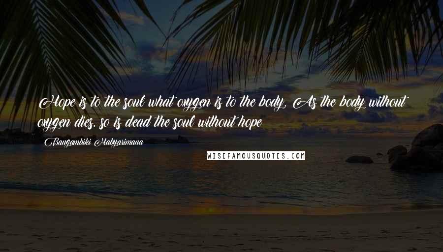 Bangambiki Habyarimana Quotes: Hope is to the soul what oxygen is to the body. As the body without oxygen dies, so is dead the soul without hope