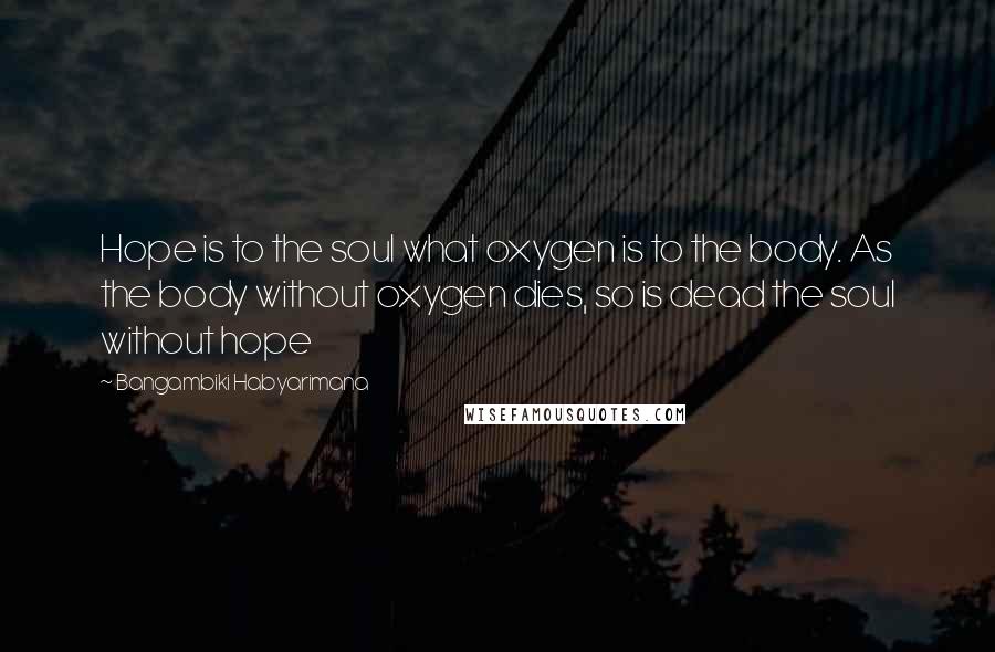 Bangambiki Habyarimana Quotes: Hope is to the soul what oxygen is to the body. As the body without oxygen dies, so is dead the soul without hope