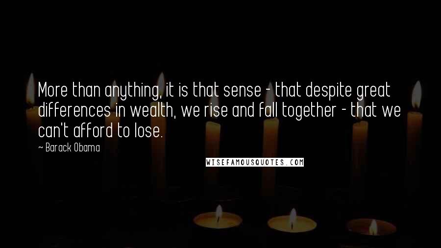 Barack Obama Quotes: More than anything, it is that sense - that despite great differences in wealth, we rise and fall together - that we can't afford to lose.