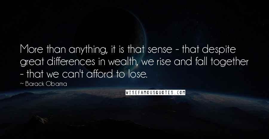 Barack Obama Quotes: More than anything, it is that sense - that despite great differences in wealth, we rise and fall together - that we can't afford to lose.