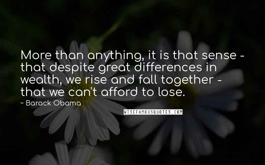 Barack Obama Quotes: More than anything, it is that sense - that despite great differences in wealth, we rise and fall together - that we can't afford to lose.