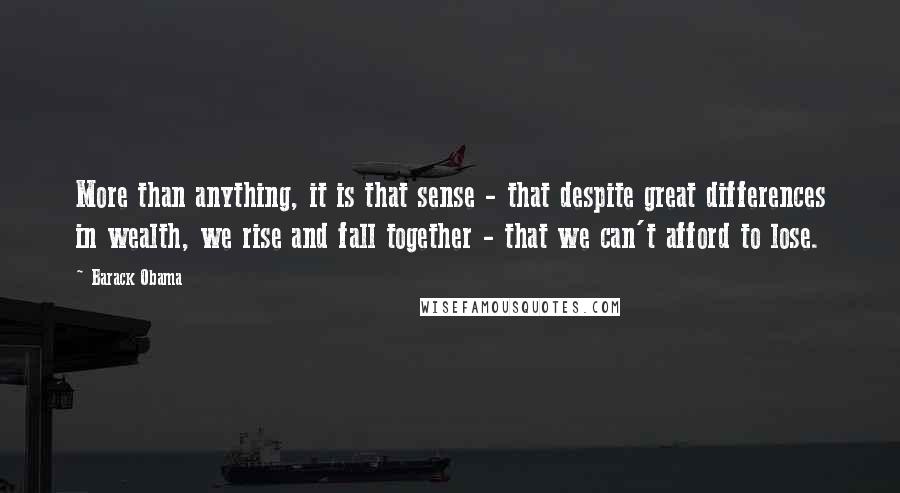 Barack Obama Quotes: More than anything, it is that sense - that despite great differences in wealth, we rise and fall together - that we can't afford to lose.