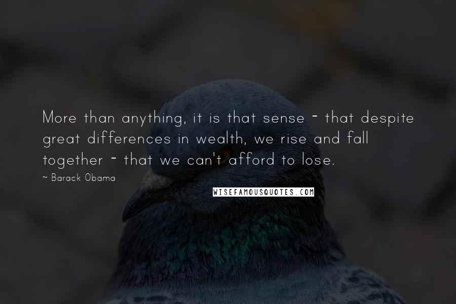 Barack Obama Quotes: More than anything, it is that sense - that despite great differences in wealth, we rise and fall together - that we can't afford to lose.