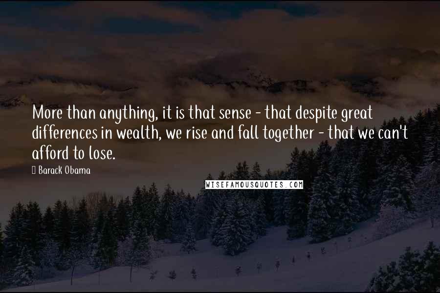Barack Obama Quotes: More than anything, it is that sense - that despite great differences in wealth, we rise and fall together - that we can't afford to lose.