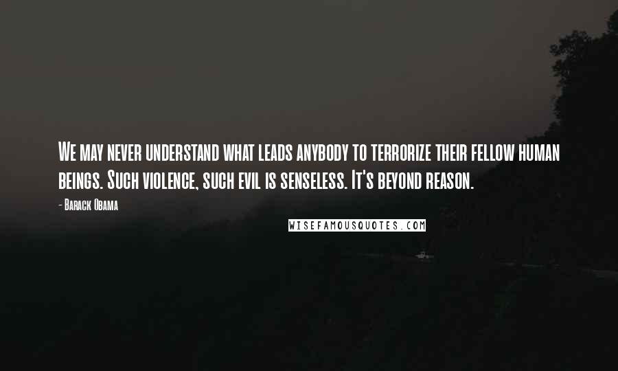 Barack Obama Quotes: We may never understand what leads anybody to terrorize their fellow human beings. Such violence, such evil is senseless. It's beyond reason.