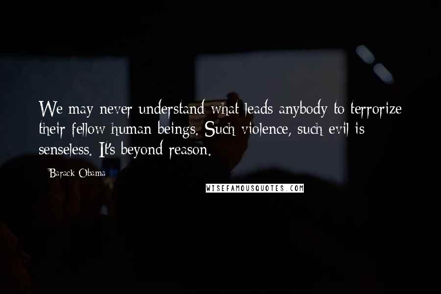 Barack Obama Quotes: We may never understand what leads anybody to terrorize their fellow human beings. Such violence, such evil is senseless. It's beyond reason.