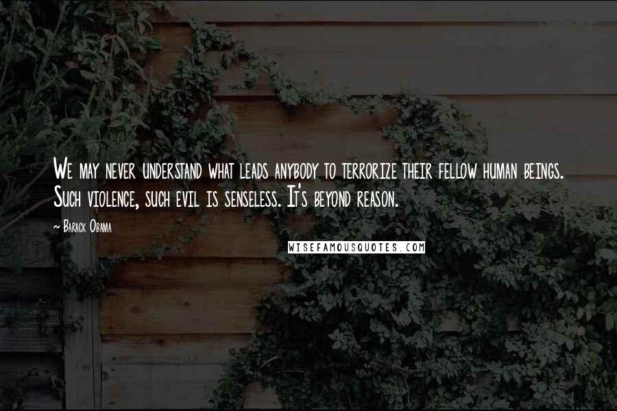 Barack Obama Quotes: We may never understand what leads anybody to terrorize their fellow human beings. Such violence, such evil is senseless. It's beyond reason.
