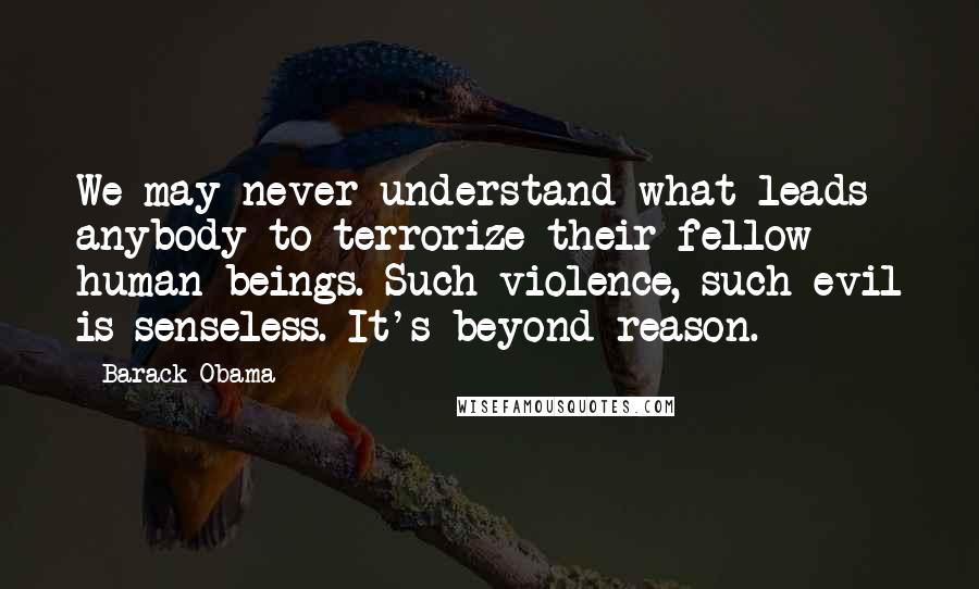 Barack Obama Quotes: We may never understand what leads anybody to terrorize their fellow human beings. Such violence, such evil is senseless. It's beyond reason.