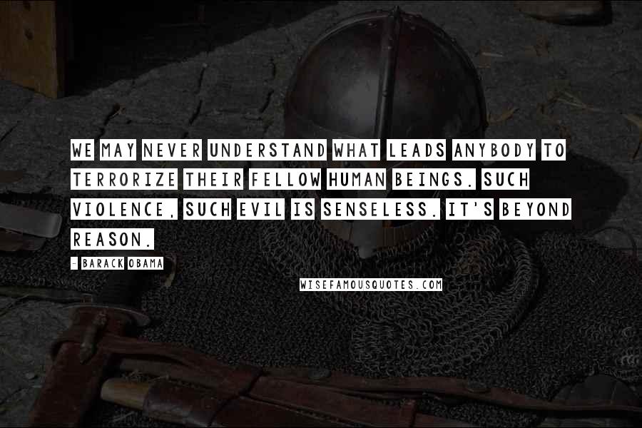 Barack Obama Quotes: We may never understand what leads anybody to terrorize their fellow human beings. Such violence, such evil is senseless. It's beyond reason.