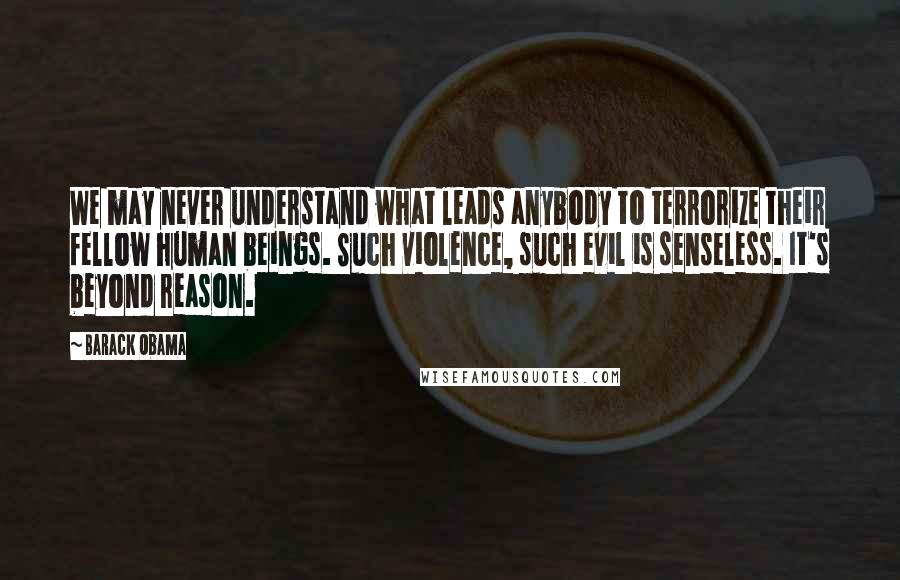 Barack Obama Quotes: We may never understand what leads anybody to terrorize their fellow human beings. Such violence, such evil is senseless. It's beyond reason.