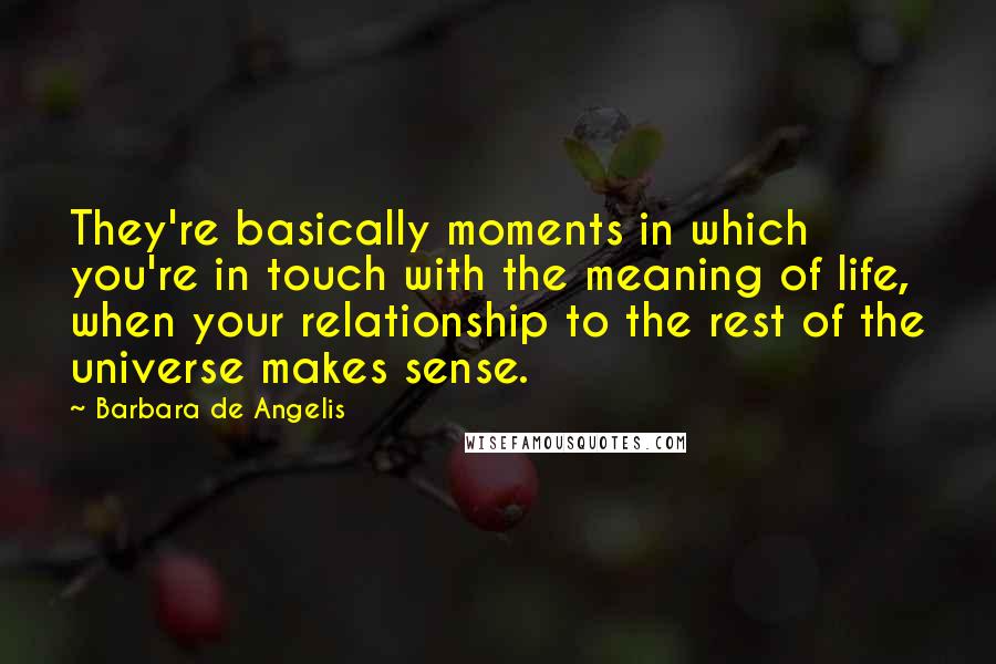 Barbara De Angelis Quotes: They're basically moments in which you're in touch with the meaning of life, when your relationship to the rest of the universe makes sense.