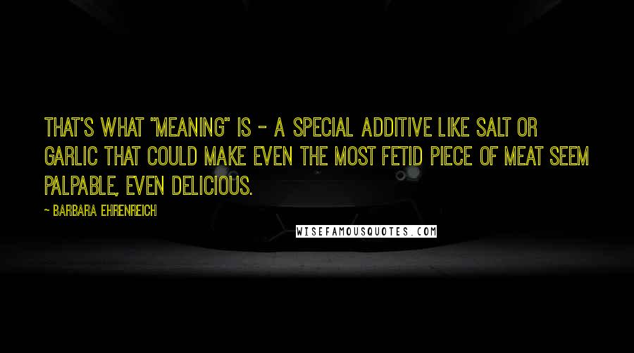 Barbara Ehrenreich Quotes: That's what "meaning" is - a special additive like salt or garlic that could make even the most fetid piece of meat seem palpable, even delicious.