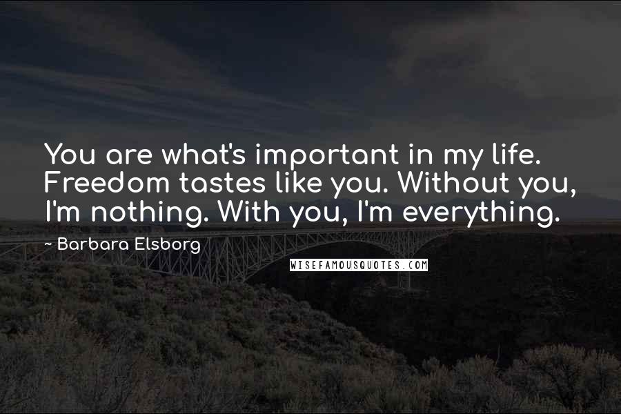 Barbara Elsborg Quotes: You are what's important in my life. Freedom tastes like you. Without you, I'm nothing. With you, I'm everything.