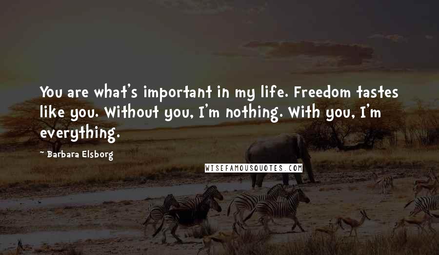 Barbara Elsborg Quotes: You are what's important in my life. Freedom tastes like you. Without you, I'm nothing. With you, I'm everything.