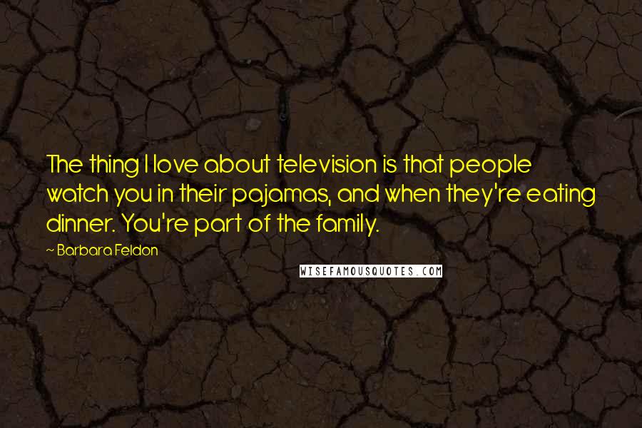 Barbara Feldon Quotes: The thing I love about television is that people watch you in their pajamas, and when they're eating dinner. You're part of the family.