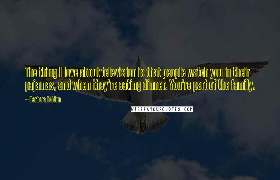 Barbara Feldon Quotes: The thing I love about television is that people watch you in their pajamas, and when they're eating dinner. You're part of the family.