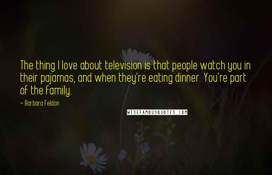 Barbara Feldon Quotes: The thing I love about television is that people watch you in their pajamas, and when they're eating dinner. You're part of the family.