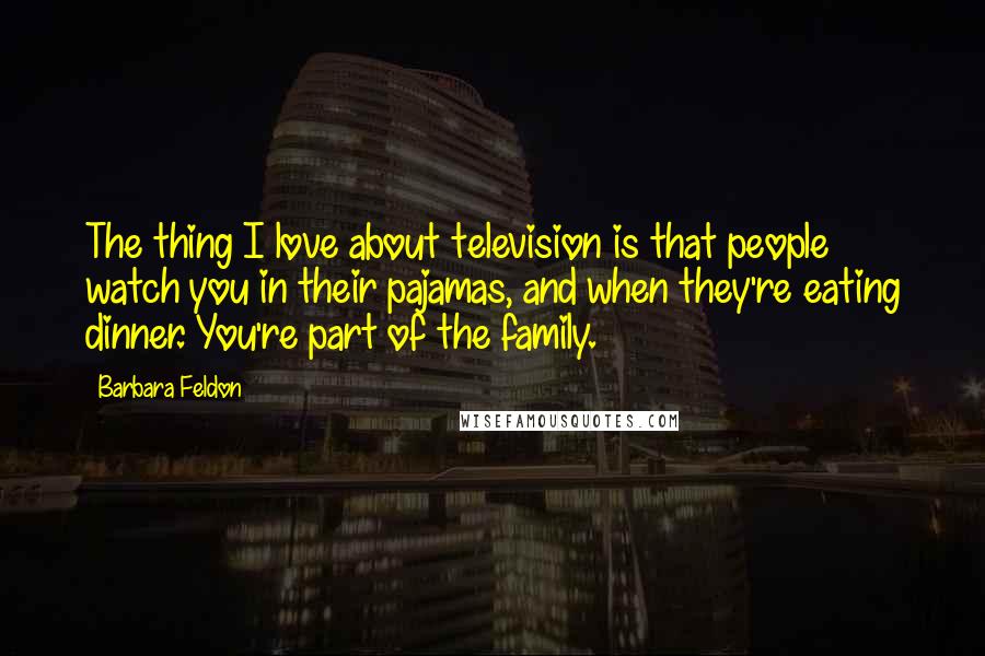 Barbara Feldon Quotes: The thing I love about television is that people watch you in their pajamas, and when they're eating dinner. You're part of the family.