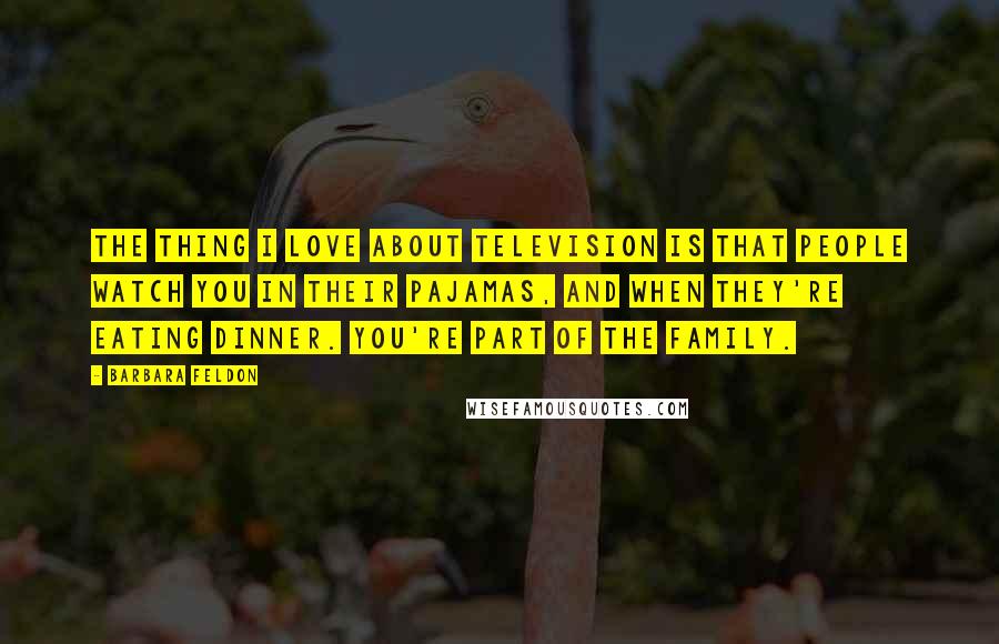 Barbara Feldon Quotes: The thing I love about television is that people watch you in their pajamas, and when they're eating dinner. You're part of the family.