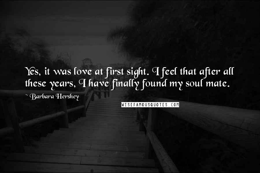 Barbara Hershey Quotes: Yes, it was love at first sight. I feel that after all these years, I have finally found my soul mate.